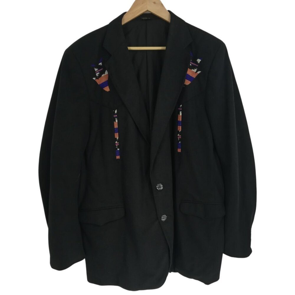 Vintage Tregos Westwear Embroidered 2 Button Jacket Blazer Size 48L Black Aztec